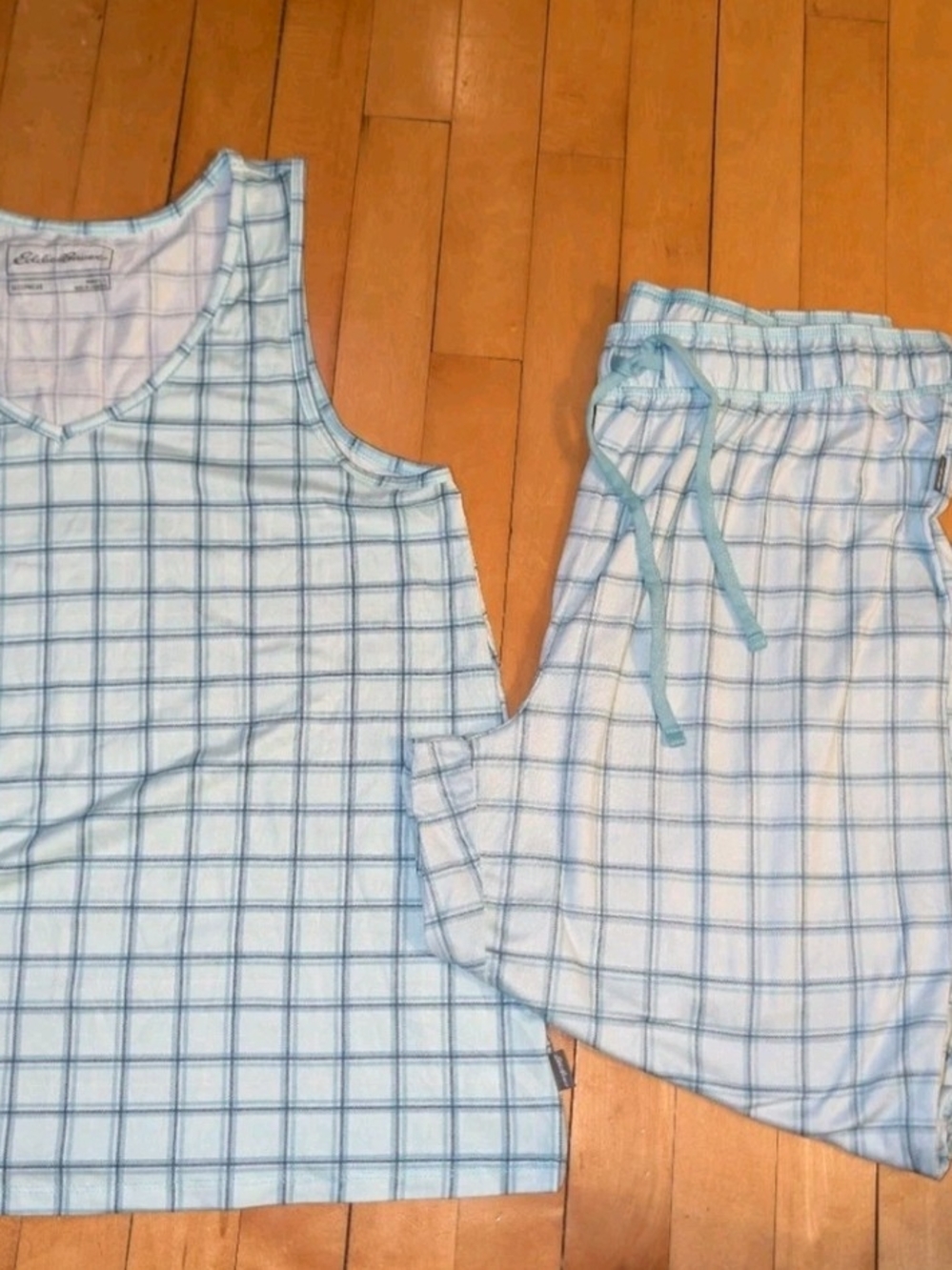 Eddie Bauer Women's L Light Blue & Navy Plaid Pajama Tank Top & Pants Soft Cozy
